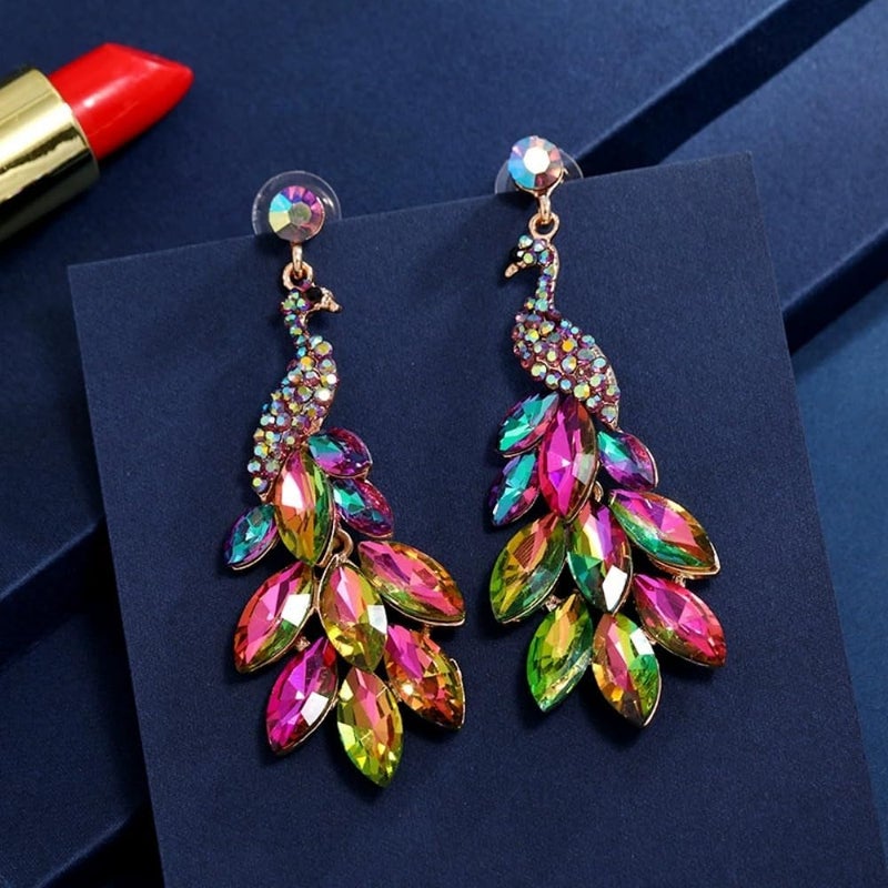 Dtja Vintage Peacock Dangle Earrings for Women 14K Gold Plated Green Crystal Feather Peafowl Statement Drop Dangling Stud Earring Boho Exaggerated Birthday Holiday Jewelry Gifts - Image 4